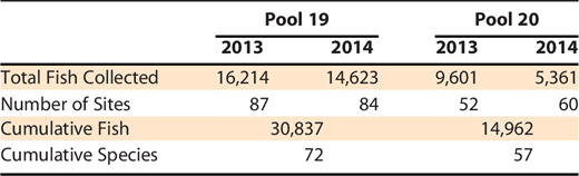 Counts of individual fish sampled, number of fish species sampled, and number of Long Term Resource Monitoring electrofishing sites sampled using Long term Resource Monitoring electrofishing in Pool 19 and Pool 20 of the Upper Mississippi River, U.S.A. years 2013 and 2014.