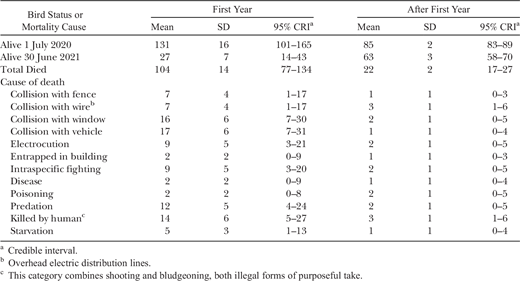 Population-level impacts of different causes of mortality among female Cooper’s Hawks from an urban area of New Mexico. Values are the number of female Cooper’s Hawks in each age class estimated to be alive on 1 July 2020 and, for those that died by 30 June 2021, their estimated cause of death. Data on relative proportions of death by cause are based on information collected during 2011–2021, whereas population size information for 2020 is from Millsap et al. (2023). See Methods (formula 3) for more detail.